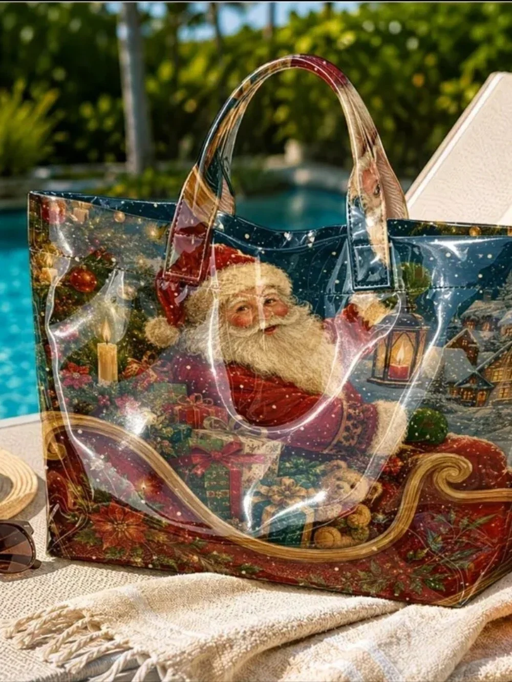 Santa Klaus Vintage Setting Christmas Holiday PVC Large Tote Daily Commute